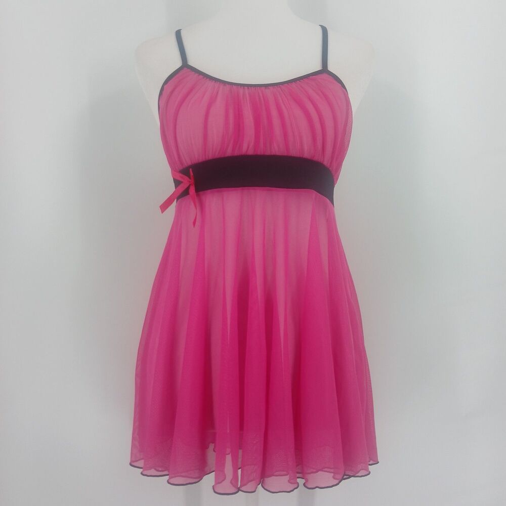 Y2K Hot Pink Mesh Lace Trim Babydoll Camisole Mini Dress Cami Top one size